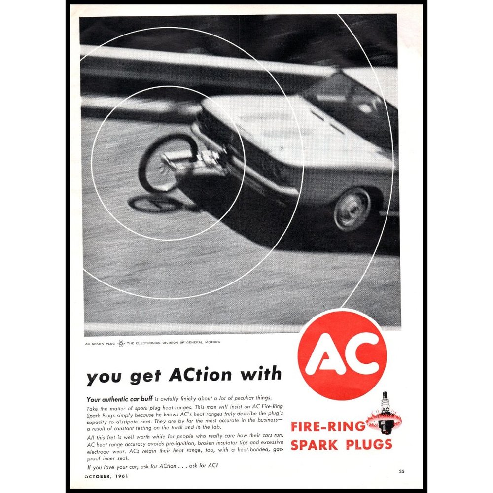 1961 AC Fire Ring Spark Plugs Vintage Print Ad Garage Man Cave Wall Art